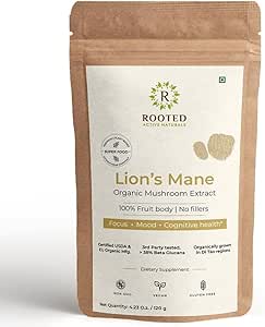 ROOTED Active's Lions Mane Mushroom אבקת USDA אורגני, 38% מאומת Beta Glucans. Cognition, Clarity, Focus & Mood, Brain Support (4.23 Ounce)