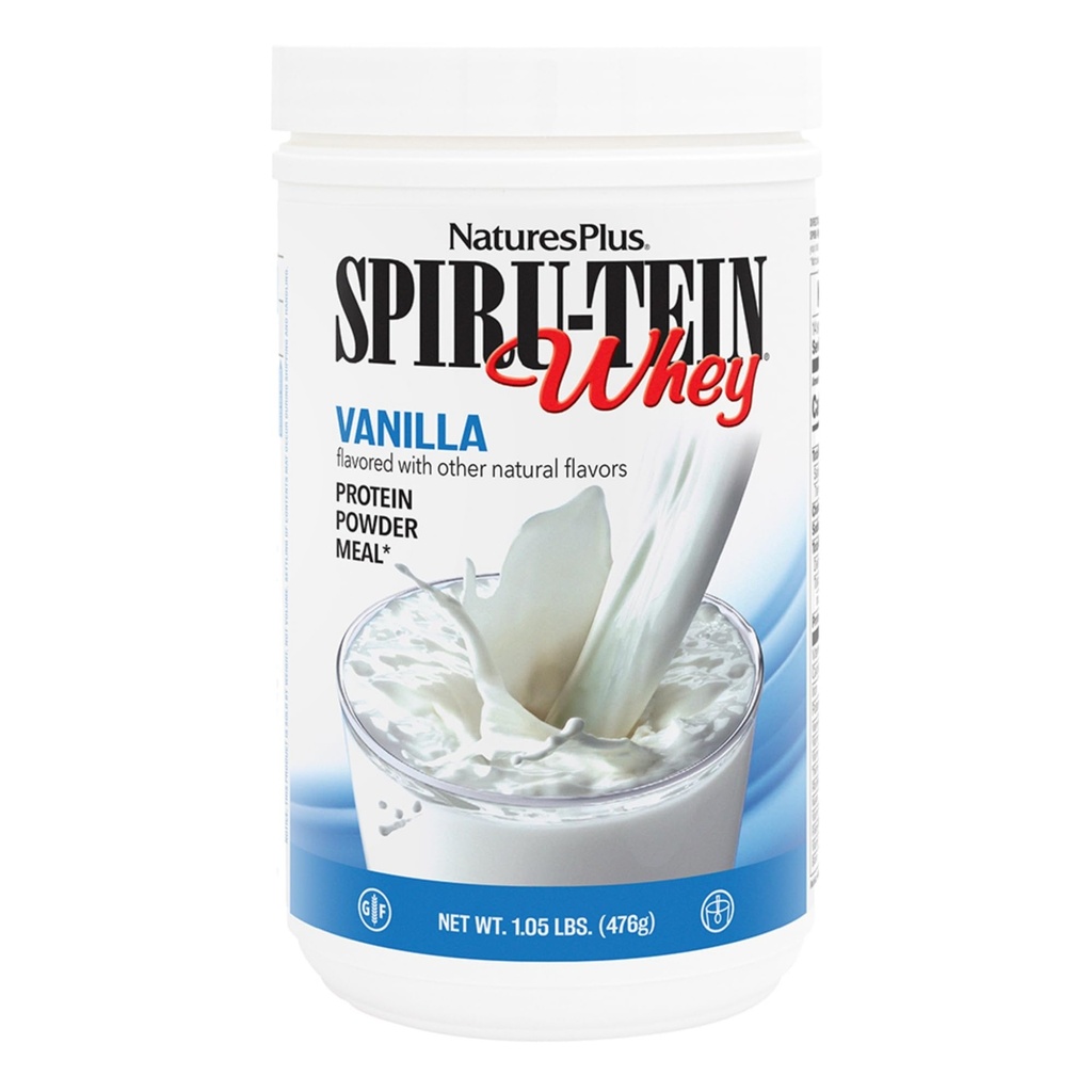 NaturesPlus SPIRU-TEIN WHEY Shake, Vanilla - 1.05 lb - אבקת חלבון Whey - עם Spirulina, ויטמינים ומינרלים - Gluten Free - 14 משרתות