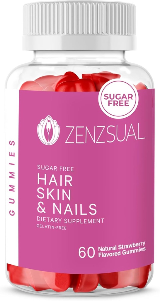 שיער ZENZSUAL, Skin and Nails Gummies - Multivitamin עם ביוטין, ויטמין C, B12 ו- Zinc - תוספת טבעונית וסוכר חינם (60 חניכיים)