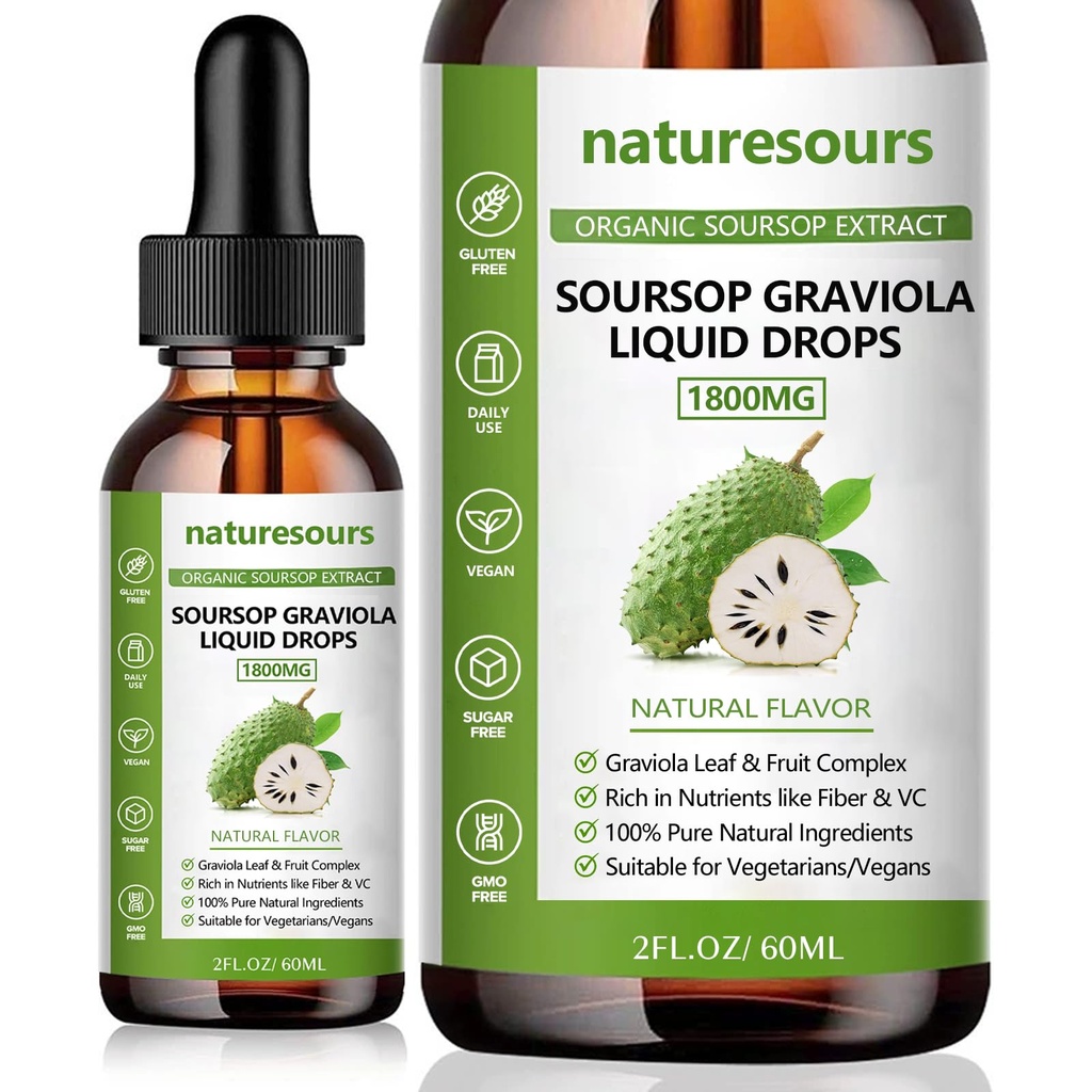 Naturesours 100% טהור אורגני Soursop לחלץ, Soursop Graviola נוזל טיפות 1800MG, אורגני Pure Soursop Leave ופריץ פירות, סוכר / גלטן חינם, 2 FL.OZ(1)