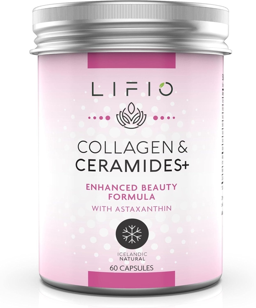 Collagen & Ceramides+, Enhanced Beauty Formula with Astaxanthin & Biotin, ויטמין A, B2, B3, B12, C & D מקדם הפחתה של העור ו-Allastity, Non-GMO, Gluten-Free, Soy-Free, 60 קפסולות