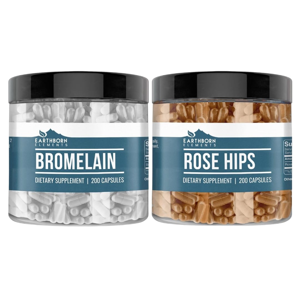 Earthborn Elements Rose HIPS & Bromelain קפסולת Bundle (200 קפסולות כל אחד), Pure & Undiluted, ללא תוספת