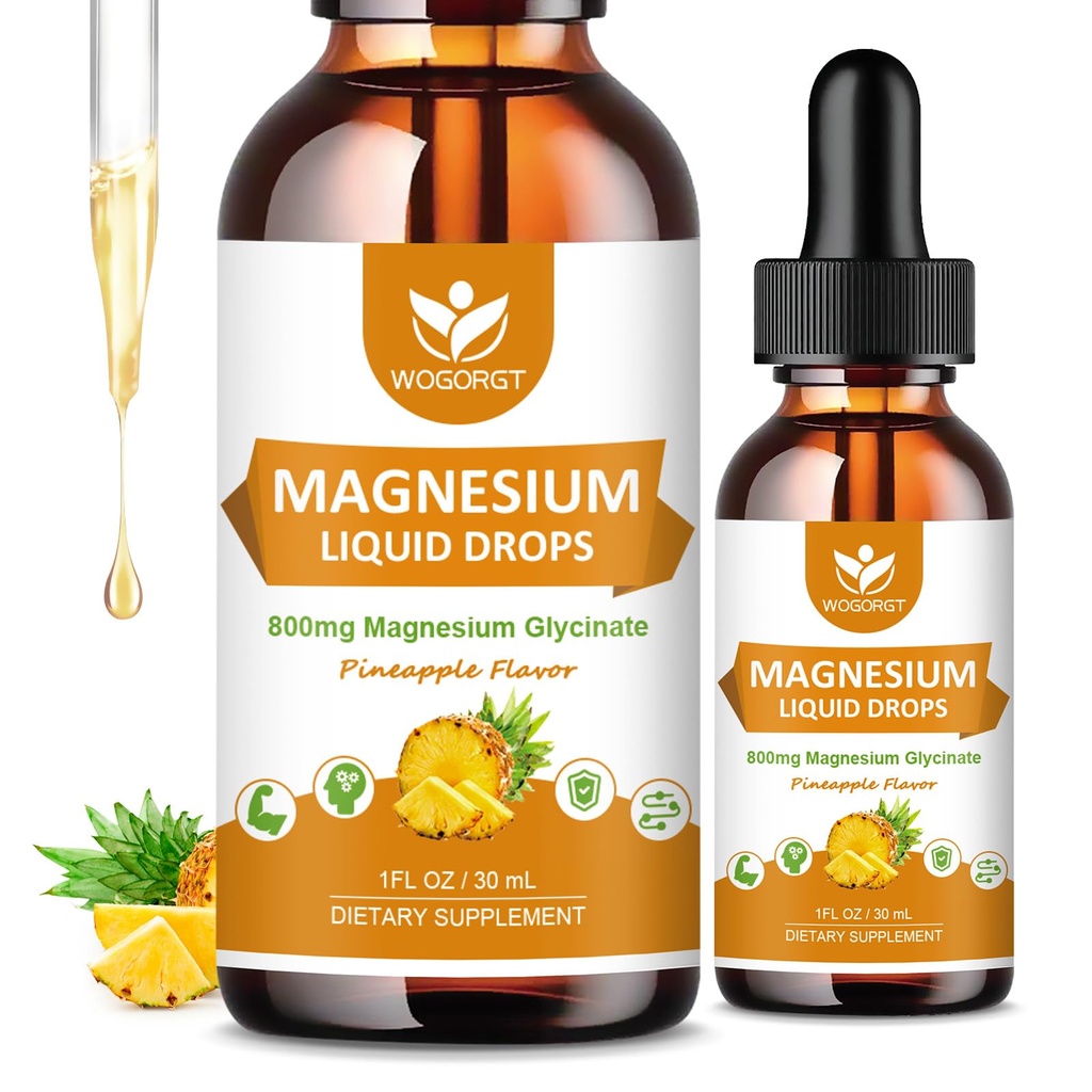 Magnesium Glycinate נוזל טיפות עם Citrate & Turate - קוגניציה, שריר ופוקוס, תוסף מגנזיום נוזלי עם ויטמין D3, GABA, L-theanine, Pineapple Flavor - 1 Fl Oz (2 Pack)