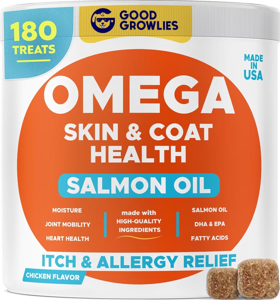Omega 3 Alaskan Fish Oil Treats for Dogs (180 Ct) - Dry&Itchy Skin + Allergy - Shiny Coats - EPA&DHA Fatty Acids - Natural Salmon Oil Chews - Chicken Turkey