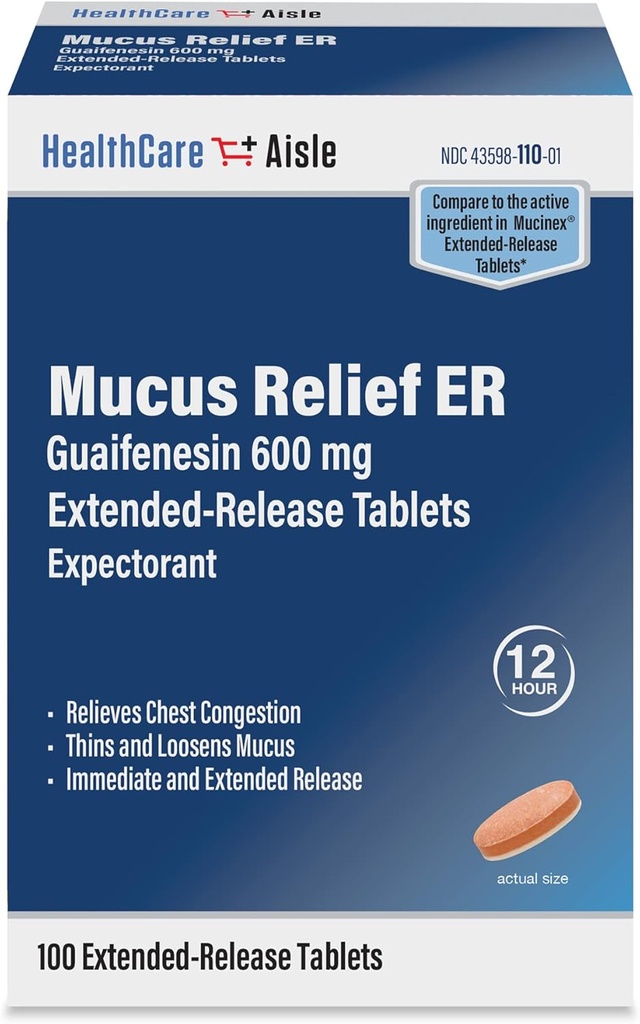 HealthCareAisle Guaifenesin 600 מ"ג מורחב - 100 טבליות - Mocus Relief מצפהorant עבור צ'סט הקהילה הקלה הקלה