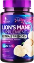 Lions Mane Mushroom קפסולות 10,000 מ"ג - קפסולות תוספת של אריה עבור Memory and Focus Support, Brain, Immune Health Support, Vegan, בבקבוק בארה"ב, Lions Mane Mushroom אבקת לחלץ, 60 הרוזן