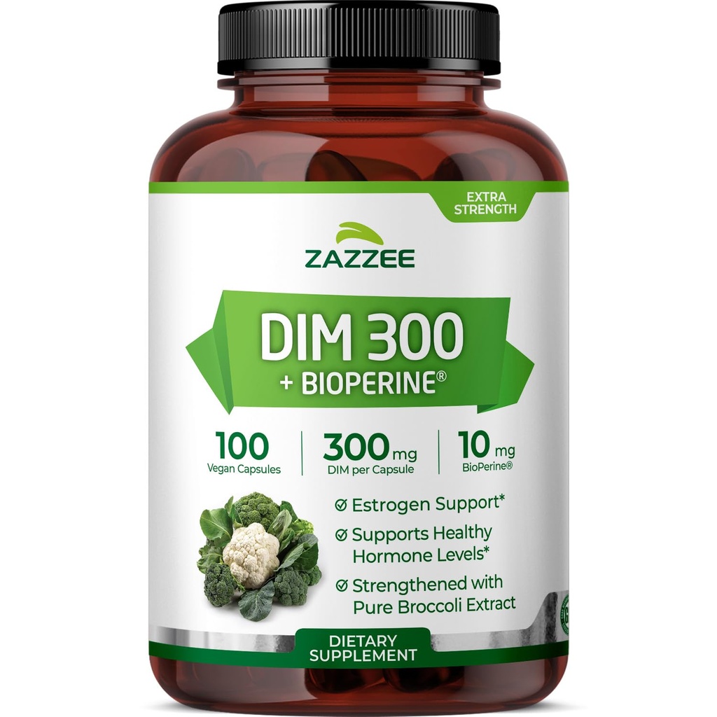 Zazzee DIM 300 מ"ג פר קפסולה, 100 Count, Plus 10 מ"ג BioPerine, Estrogen Balance, Hormonal Acne, Menopause Support, Hormonal Balance, Diindolylmethane, טבעוני, All-Natural, non-GMO, Made in the USA