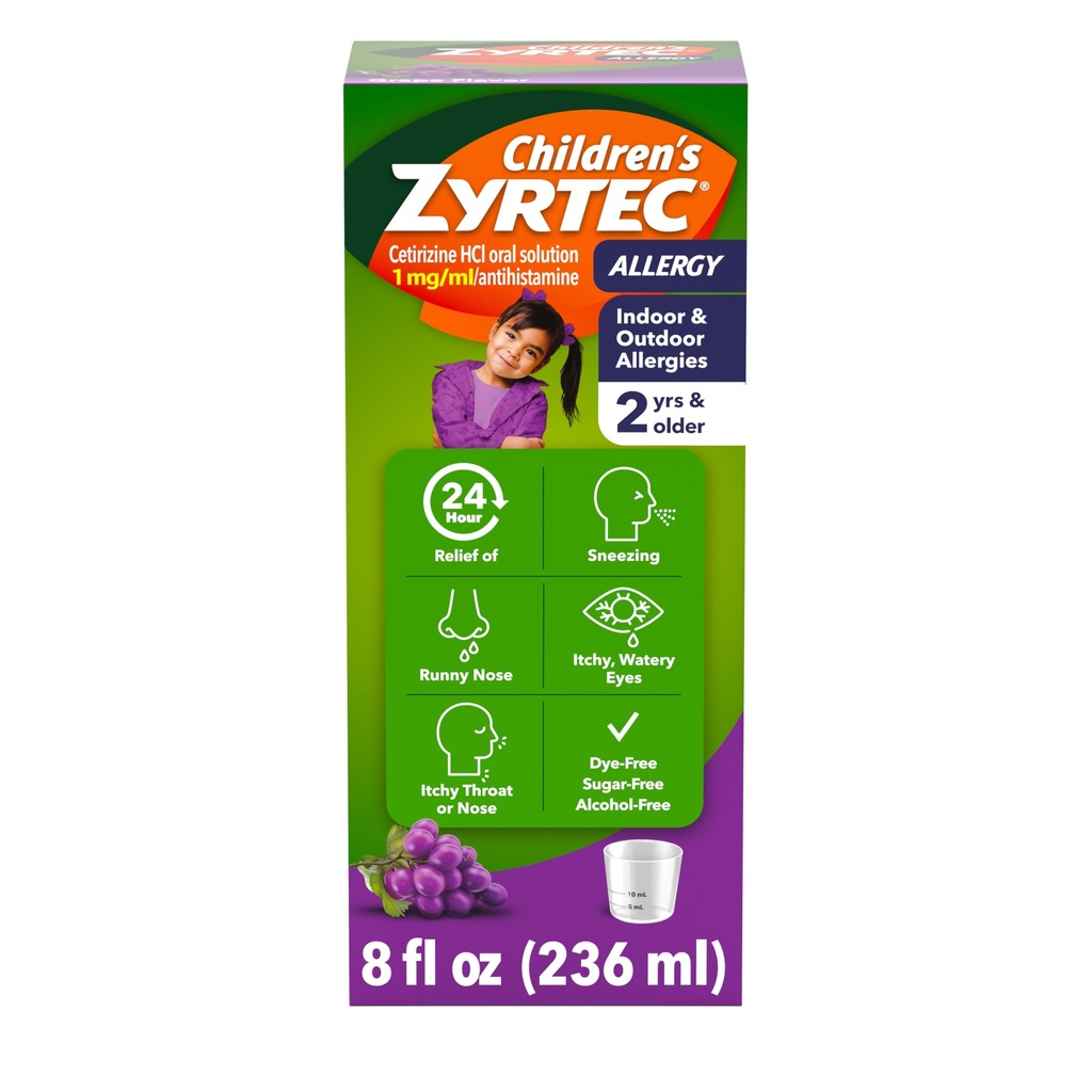 Zyrtec 24 Hour Allergy הקלה סירופ, 5 מ"ג Cetirizine hydrochloride Antihistamine, Kids Allergy Medicine for Indoor & Allergy Relief, Dye- & Sugar-Free, Grape, 8 oz.