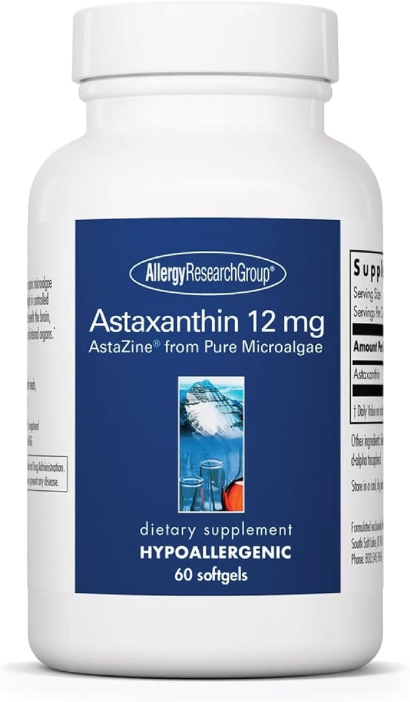 Allergy Research Group Astaxanthin 12 מ"ג תוסף - מ-microalgae אורגני, Eye Health, AstaZine Astaxanthin, Natural Antioxidant, Skin Health, Brain Function Support, Softgels - 60 Count