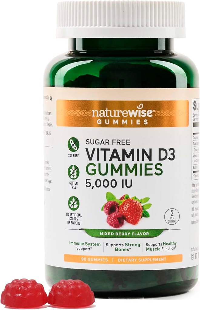 NatureWise ויטמין D3 5000 IU Gummies - תערובת ללא סוכר ברי פלאמור - ויטמין D חניכיים למבוגרים, תומך אי-אמון, שריר ועצמות העצם - gelatin-Free, non-GMO - 90 מסטיקים.
