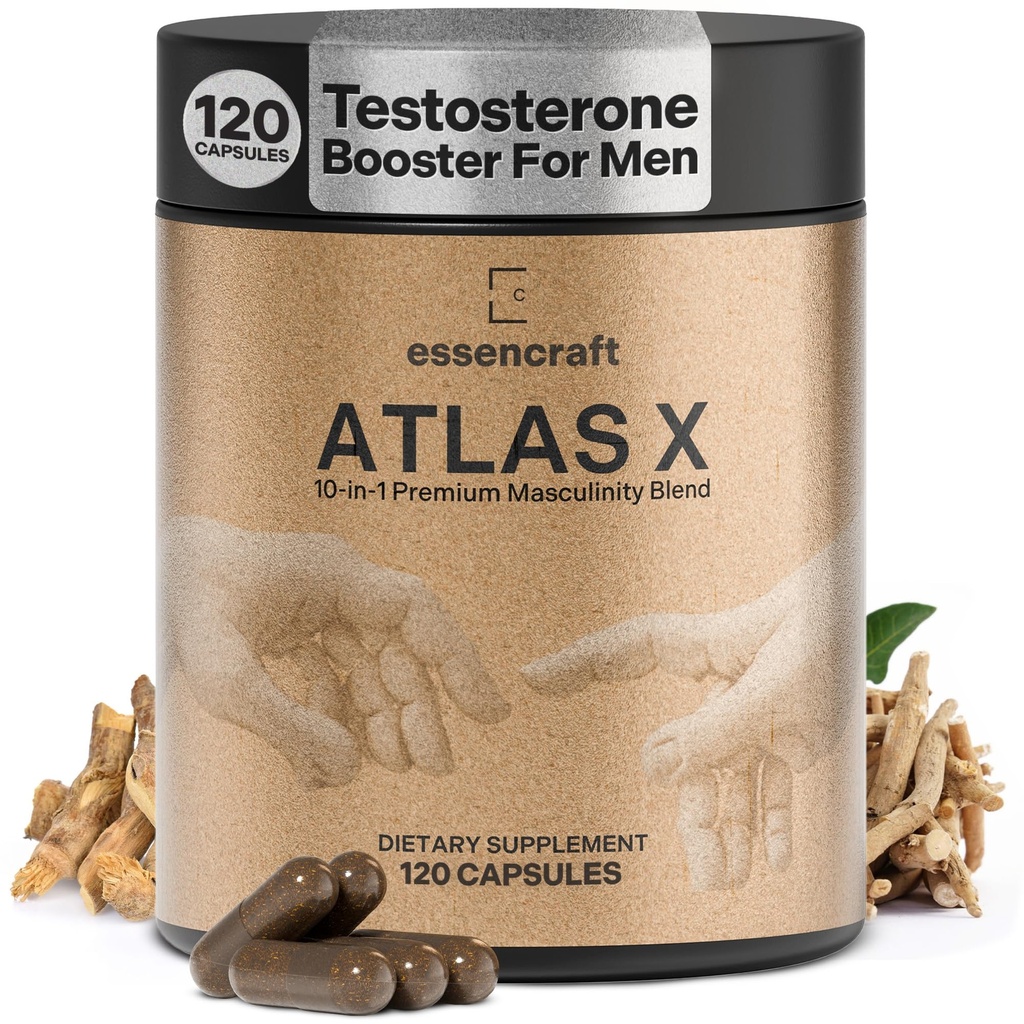 Essencraft Atlas X Testosterone Supplement for Men – 10-in-1 Natural Testosterone Booster & Muscle Booster w/Shilajit, Zinc, Tongkat Ali, & More (120 Capsules)