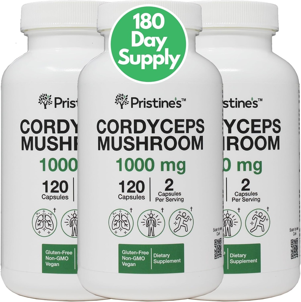 PRISTINE'S Cordyceps Mushroom (3 Pack) 1000 MG - ביצועים אתלטיים, Endurance & Immunity Fitogen קפסולת תוסף - 180 יום אספקה - תמיכה אנטי חמצון