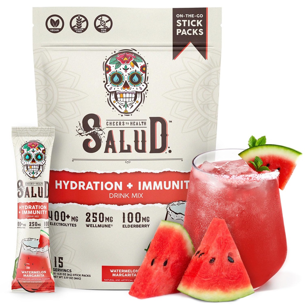 Salud 2-in-1 hydrotion ו- Immunity Electrolytes אבקת, Watermelon Margarita - 15 משרתים, Agua Fresca Drink Mix, Elderberry, חלב וסוי חינם, non-GMO, Gluten Free, טבעוני, נמוך Calorie, 1G סוכר