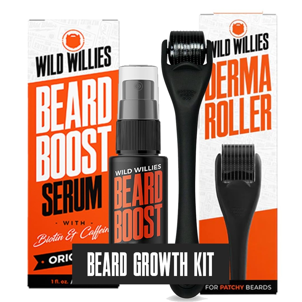 Wild Willies Beard Growth Kit - Premium Derma Roller & Beard Boost Serum - Microneedle Roller & Beard Hair Growth Serum with Biotin & Caffeine for Fuller Beard, Scalp Care - Easy to Use Kit with Case with Case With Bear With Beard
