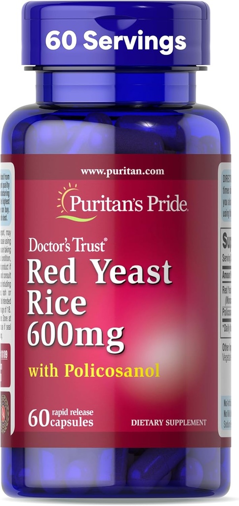 Puritans Pride Doctors Trust® Red Yeast Rice 60 מ"ג עם Policosanol, תוסף תזונתי, 60 קפסולות שחרור מהירות