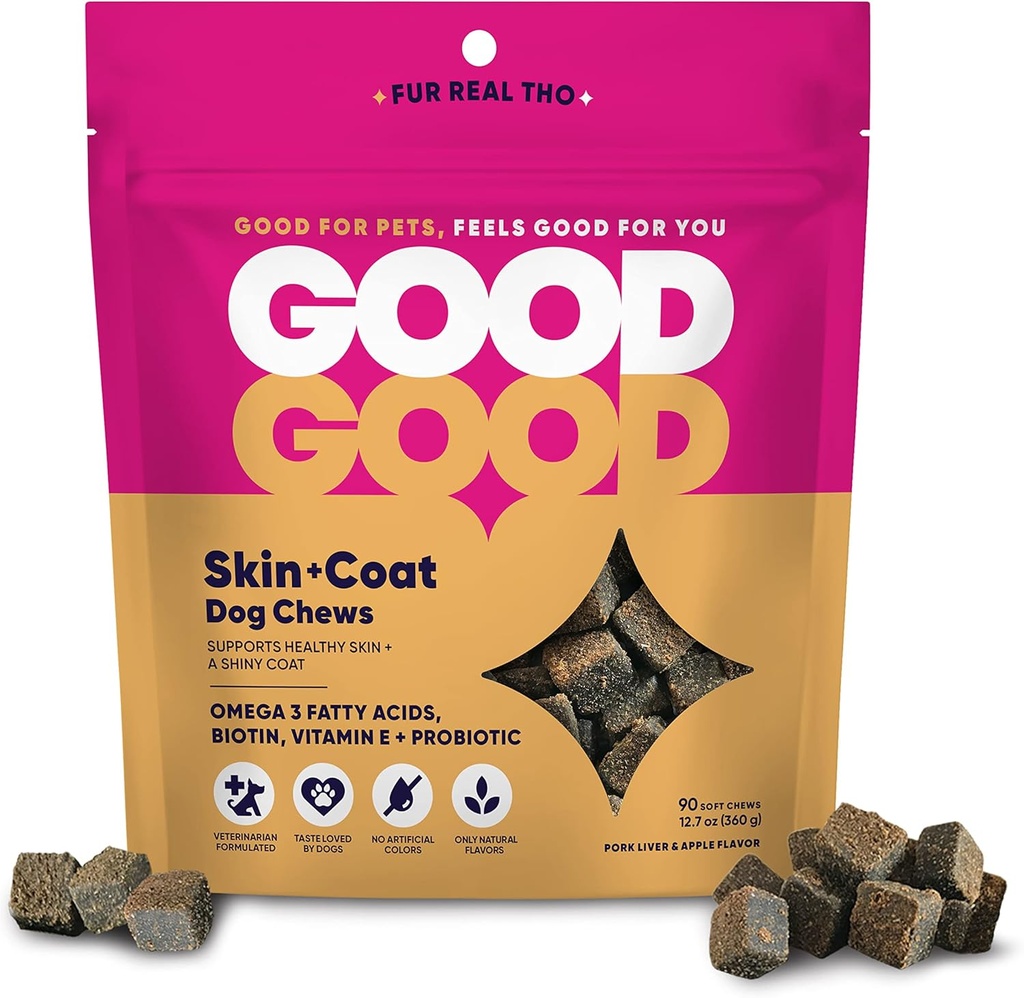 Good Skin + Stick Dogs Supplements; תומך עור בריא ו- Shiny Coat; Chewable Soft Treats with אומגה 3 Fatty Acids, ויטמין E; Probiotics; 90 Natural Flavor Chews