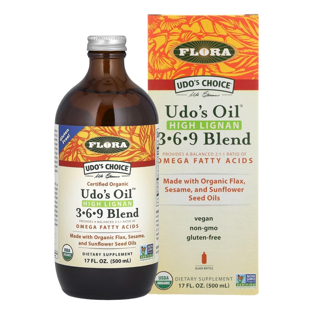 פלורה - Udo's Choice High-Lignan 369 אומגה שמן בלנדה, Udo's Oil Balanced 2:1 Ratio של אומגה Fatty Acids, Made with Organic Flax, Sesame & Sunflower Seed Oils, 17-oz. בקבוק זכוכית
