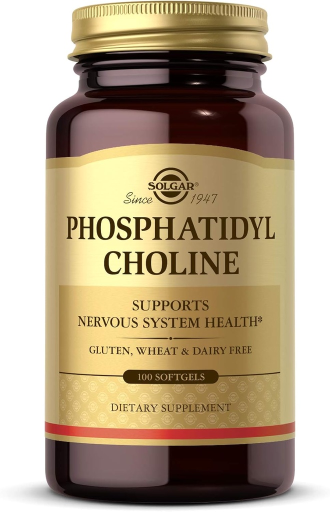 Solgar Phosphatidylcholine, 100 Softgels - לקדם פונקציונליות קוגניטיבית בריאה - Derived from Lecithin - מכיל כולסטרול עבור Neurotransmitter Acetylcholine - Gluten Free, חלב חינם - 50 משרתי חלב - 50