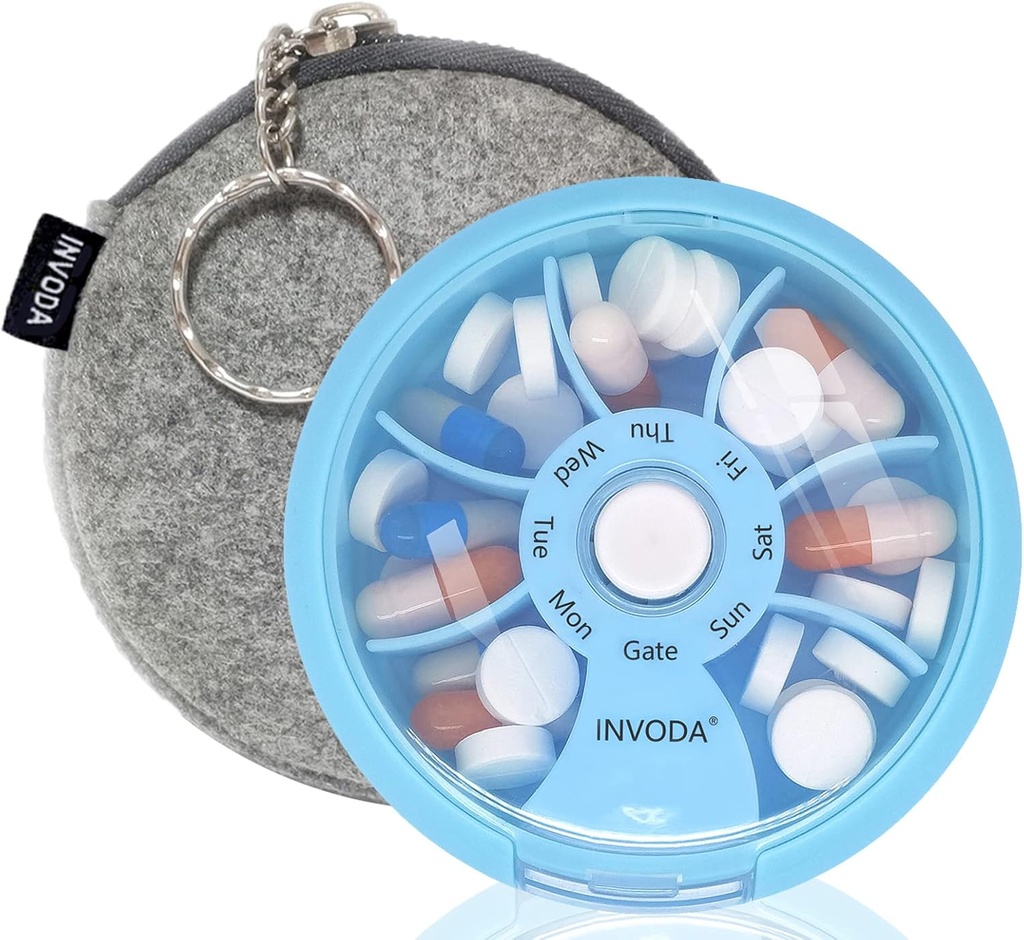 InVODA שבועי גלולות מארגנת 7 השוואת רוטטת גלולת גלולות עבור תרופות יומיות וויטמינים - Portable Travel Pill Case Fish שמן תוספי ויטמינים מארגנת (כחול +Bag)
