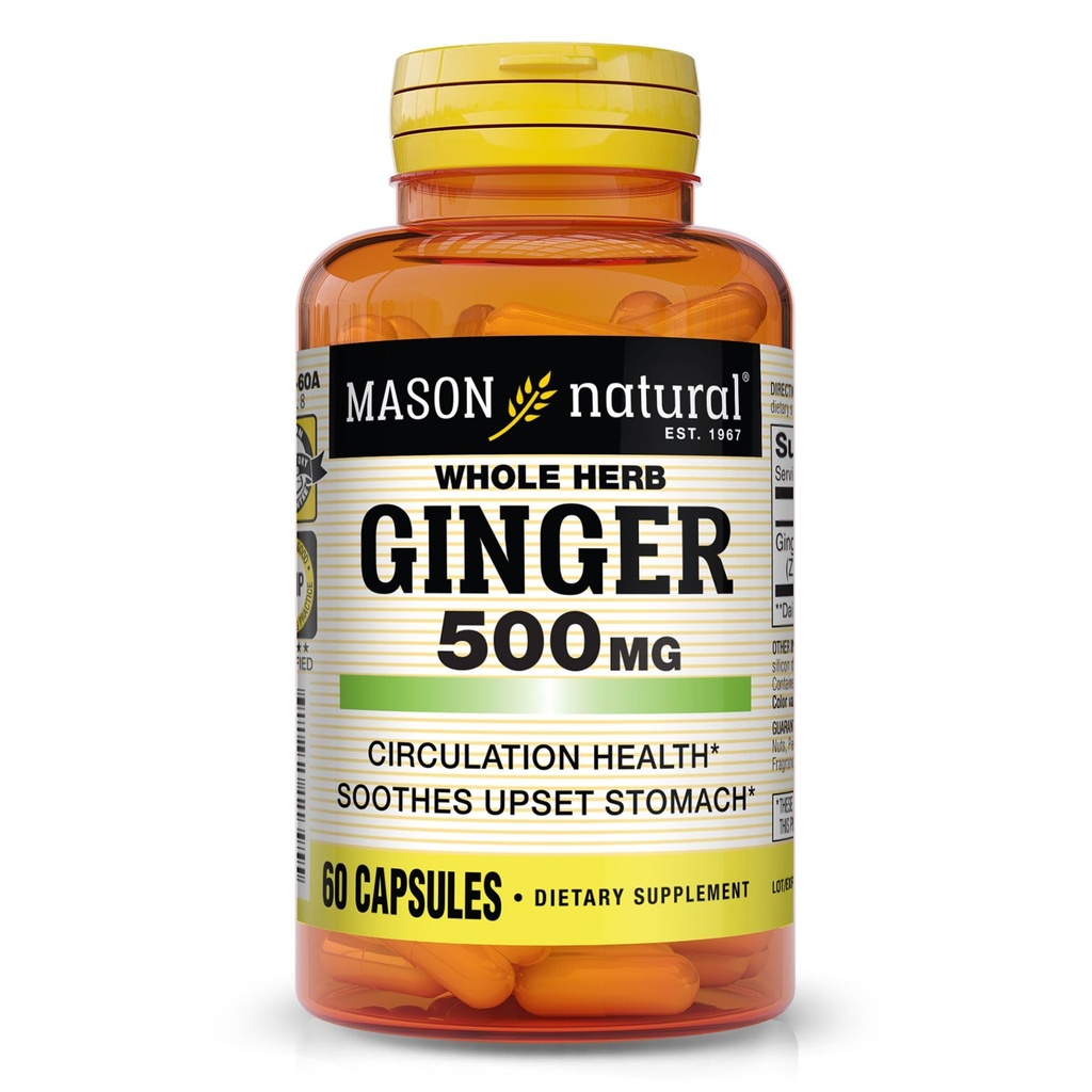 MASON NATURAL Whole Herb ג'ינג'ר 500 מ"ג, 2 חודשים אספקה, תוסף צמחי טבעי, 60 קפסולות