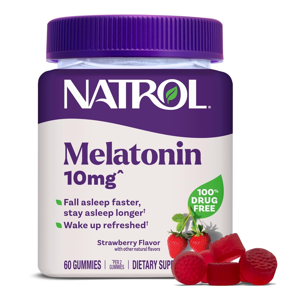 Natrol 10 מ"ג מלטונין חניכיים, תמיכה בשינה למבוגרים, מלטונין תוספי שינה, 60 Strawberry-Flavored חניכיים, 30 יום אספקה