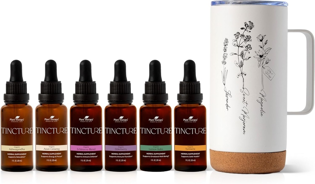 Plant Therapy Total Tincture החבילה כוללת 30 mL כל אחד של אשוגנדה אורגנית, אסיה גינזנג, Echinacea בלנדר, Elderberry, לימון Balm, Turmeric & Travel Muggandha, אסיה גינזנג, Echinacea בלנדרה, Oldberry, לימון Balm, Turmeric & Travel Muggggandha.