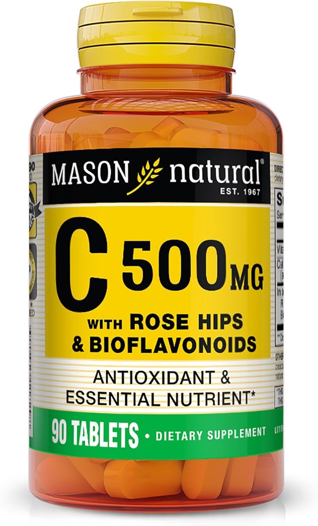 MASON NATURAL ויטמין C 500 מ"ג, עם Rose HIPS & Bioflavonoids, Immune Support & Antioxidant Formula, 90 טבליות