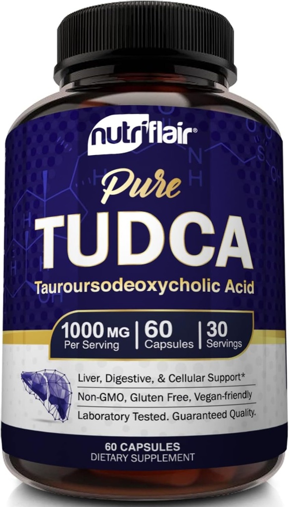 AcFlair Pure TUDCA 1000 מ"ג - Premium Turoursodeoxycholic Acid Bile Salts, Detox & ניקויse, non-GMO, Gluten-Free. Liver, Kidney & Gallbladder תמיכה נעשה בארה"ב, 60 קפסולות