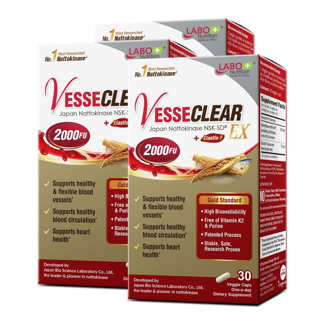 LABO Nutrition VesseCLEAR EX: Nattokinase NSK-SD+Elastin F for נקיים וגמישות Blood Vessel.S ביפן  Stu קלינית ביותר, Dose פונקציונלי, Acid-Resistant / נדחה קפסולות שחרור, Count 90