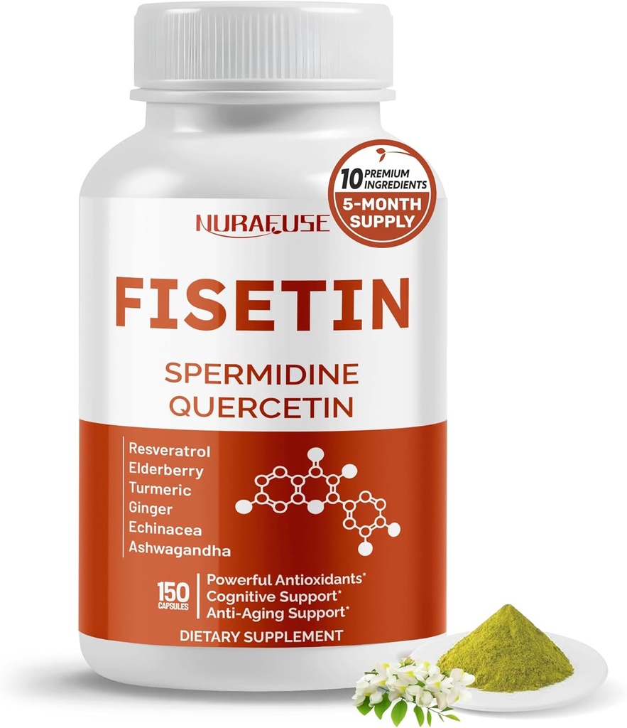 Fisetin 10in-1 פורמולה - עם זרע Quercetin Resveratrol, Elderberry, Turmeric non-GMO, Gluten-Free, Soy-Free