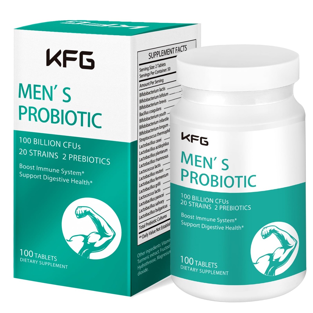 KFG Probiotic 100 מיליארד CFU, 20 סטרינס, 2 Prebiotics ו- Digestive Enzymes, Supports Digestion, Immune Support, Gut Health and Metabolism, Non-GMO, Gluten & Soy Free, 100 טבליות