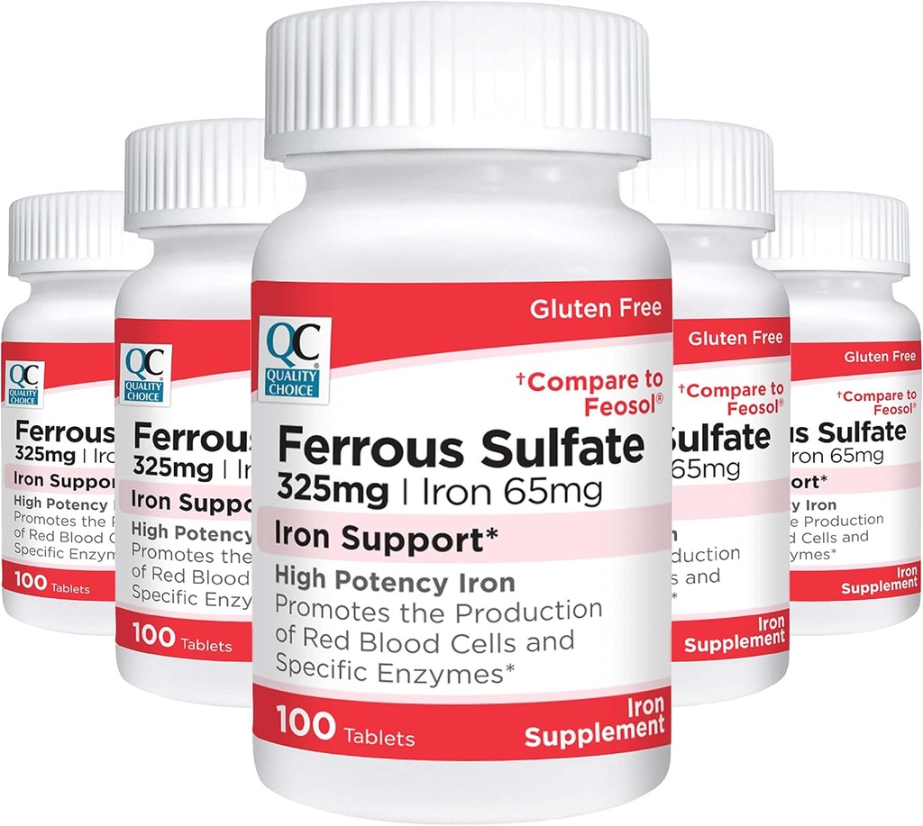 איכות בחירת ברזל 65 מ"ג (325 מ"ג פרייזר Sulfate) גבוה בטיחות ברזל גלולות תוספת טבליות ב 100 Count Bottles (5 Pack)