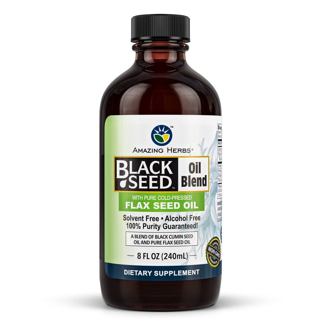 Herbs מדהים קר-Pressed Black Seed ו- Flax Seed Oil Band - Gluten-Free, non-GMO, גבוה באומגה 3, 6, & 9, תומך משותף, המוח ותפקוד הלב - 8 Fl Oz