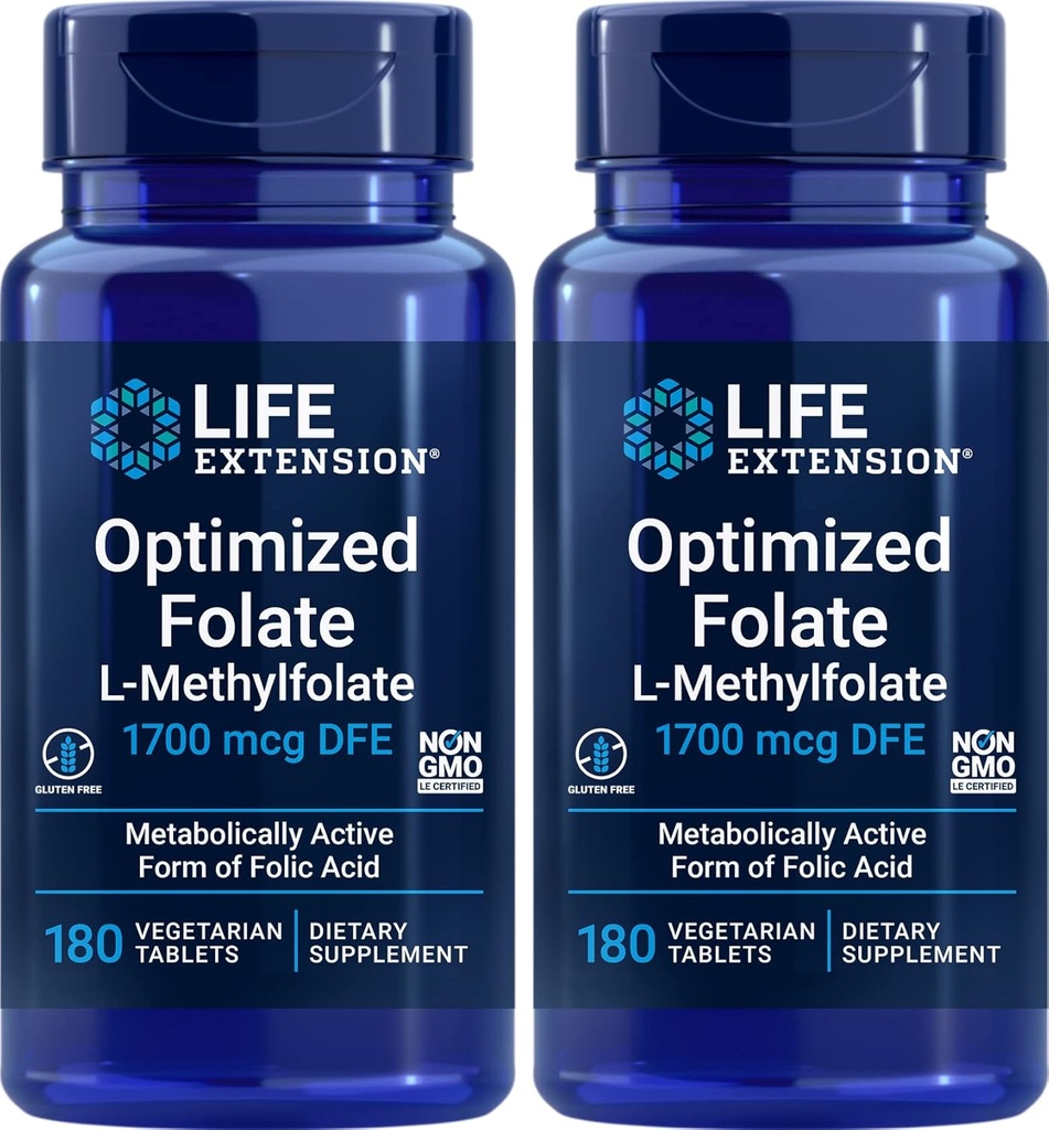 Life Extended Optimized Folate (L-Methylfolate) 1700 mcg DFE, 180 טבליות Veg (Pack of 2)