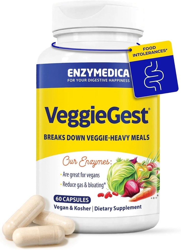 Enzymedica, VeggieGest, Digestive Enzymes, Supports Occasional Gas & Bloating Relief from High Fiber Meals, for Vegan & Vegetarian Diets, Enzyme Blend for Digestive Health, 60 Count