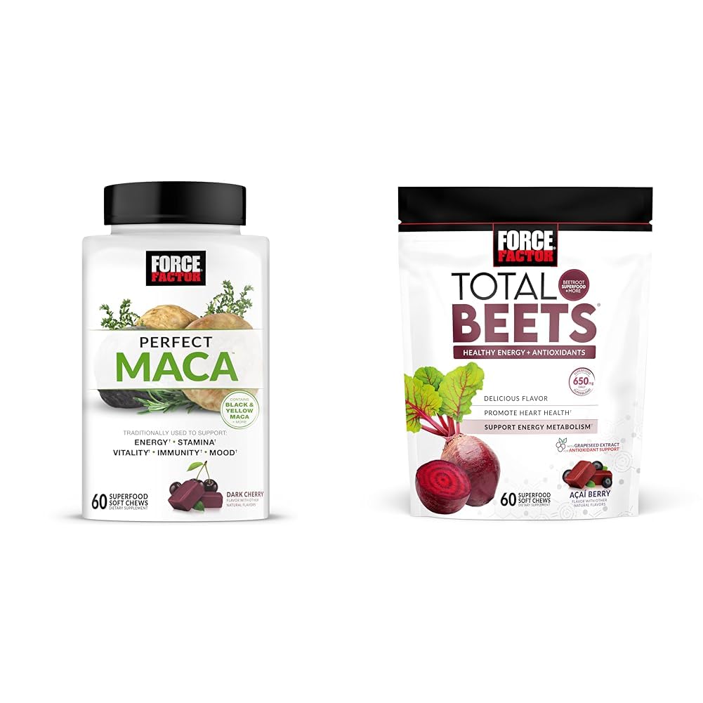כוח גורם Maca & Beet Soft Chews Bundle עם 60 Maca צ'ws ו 60 Beet צ'יפס עבור אנרגיה, סטאמינה ובריאות הלב