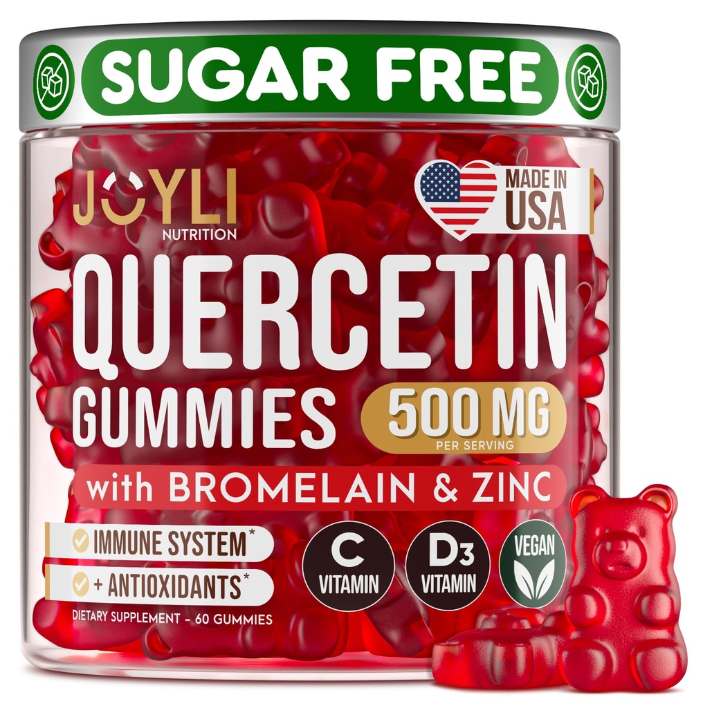 JOYLI Quercetin Gummies - Quercetin עם Bromelain Zinc ויטמין C & ויטמין D3 - תוסף Quercetin 500MG עבור Immune System & Allergy - Quercetin לילדים ומבוגרים - 60 Quercetin Chewable Chewable Chewable