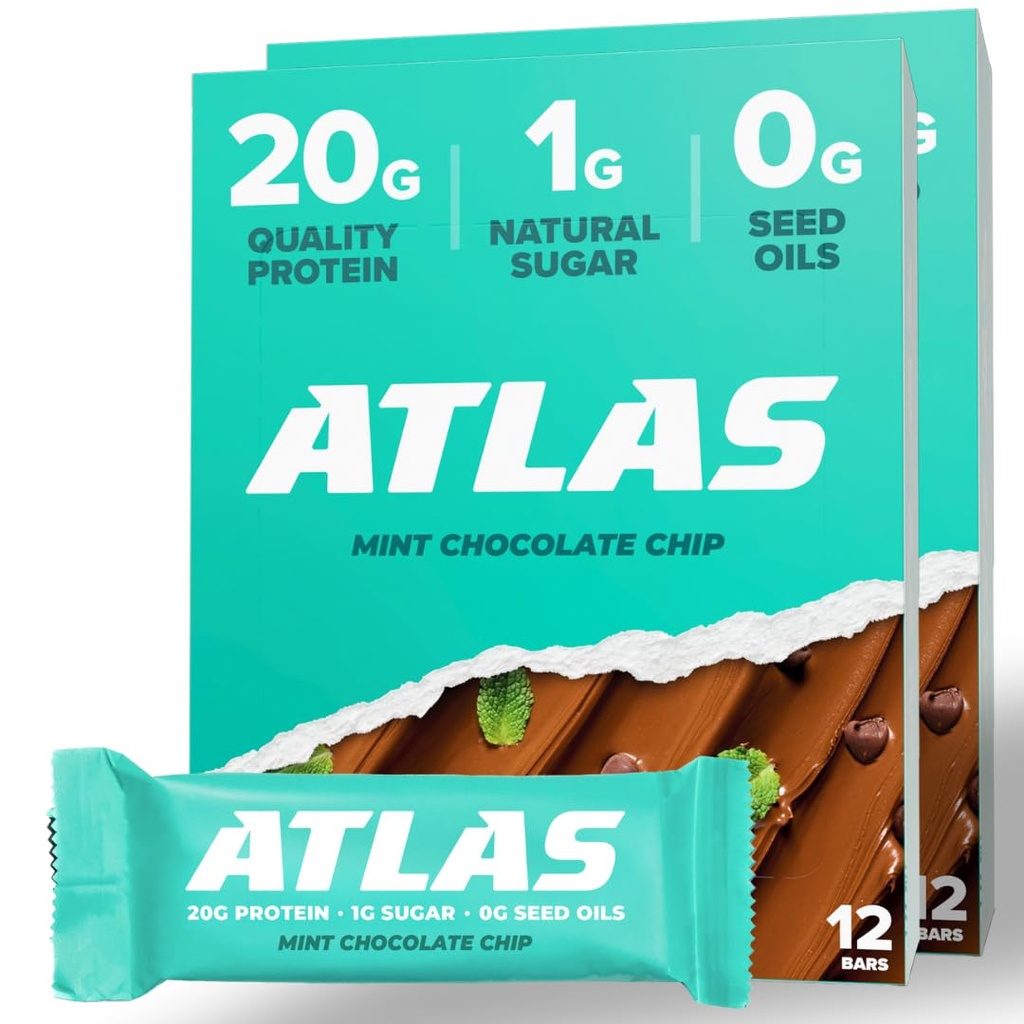 Atlasחלבון Bar, 20g חלבון, 1g סוכר, ירקות נקיים, גלוטן חינם, צ'יפ שוקולד Mint (12 Count, Pack of 2)