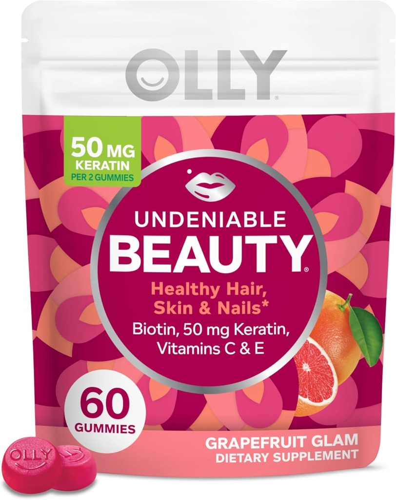 OLLY Undeniable Beauty Gummy, For Hair, Skin, Nails, Biotin, ויטמין C, Keratin, Chewable Supplement, Grapeפרי, 30 יום אספקה - 60 הרוזן
