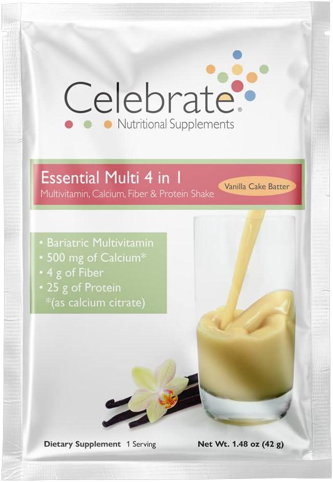 חוגגים ויטמינים 4in-1 Bariatric Multivitamin עם Calcium Citrate חלבון שקד, 500 מ"ג Calcium, עבור פוסט Bariatric Surgery, Vanilla Cake Batter, 15 Single Packets