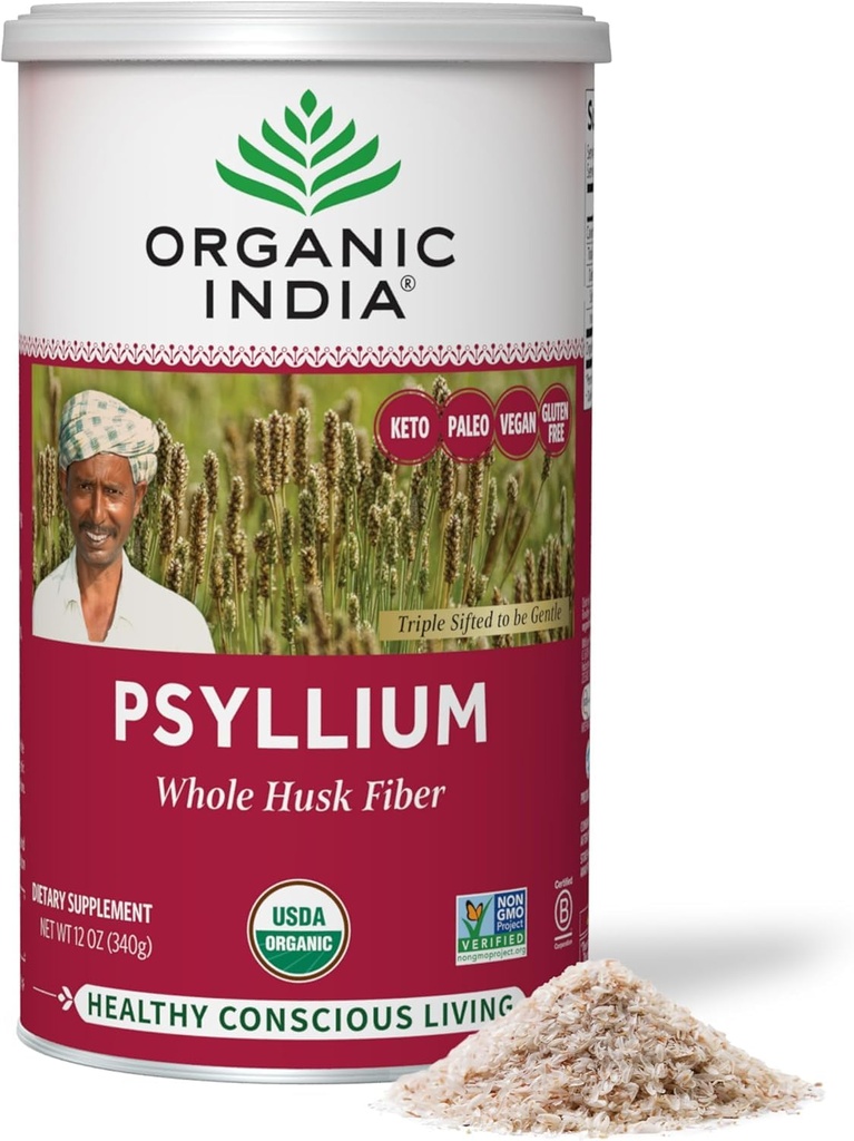 OrganIC INDIA Whole Psyllium Husk אבקת אורגני - Psyllium Husk סיבים, תמיכה עיכול, טבעוני, Gluten-Free, non-GMO, Soluble & Insolublefi Source - 12 oz (Pack של 1)