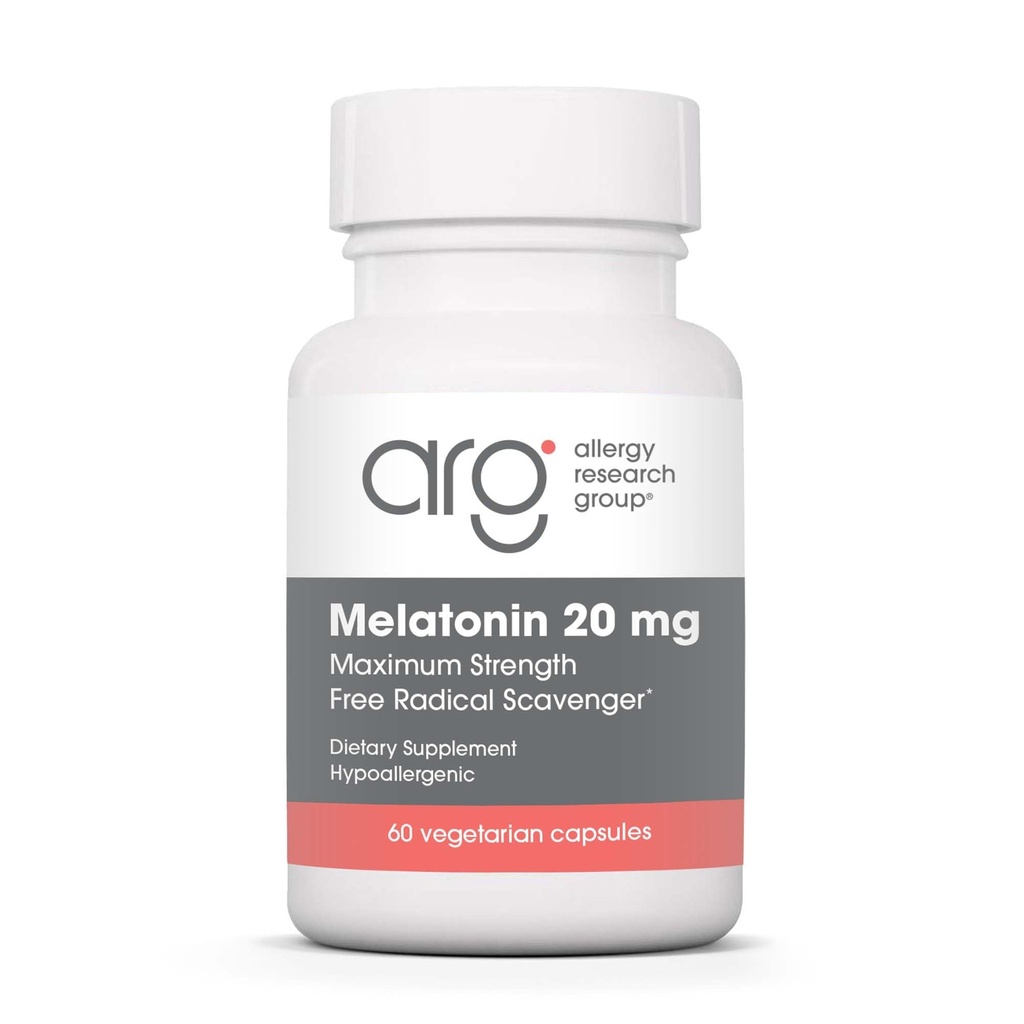 Allergy Research Group Melatonin 20 מ"ג - מלטונין טהור, כוח נוסף למבוגרים, Sleep Aid, High Dose, Vegetarian כמוסות - 60 Count Count