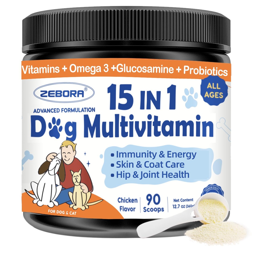אבקת ZEBORA Dog Multivitamin עם Glucosamine, ויטמינים לכלבים ותוספים לתמיכה ב- Immune, Skin ו-Cot תוספת עם אומגה 3 עבור Allergy הקלה, Probiotics for Digestive & Gut Health