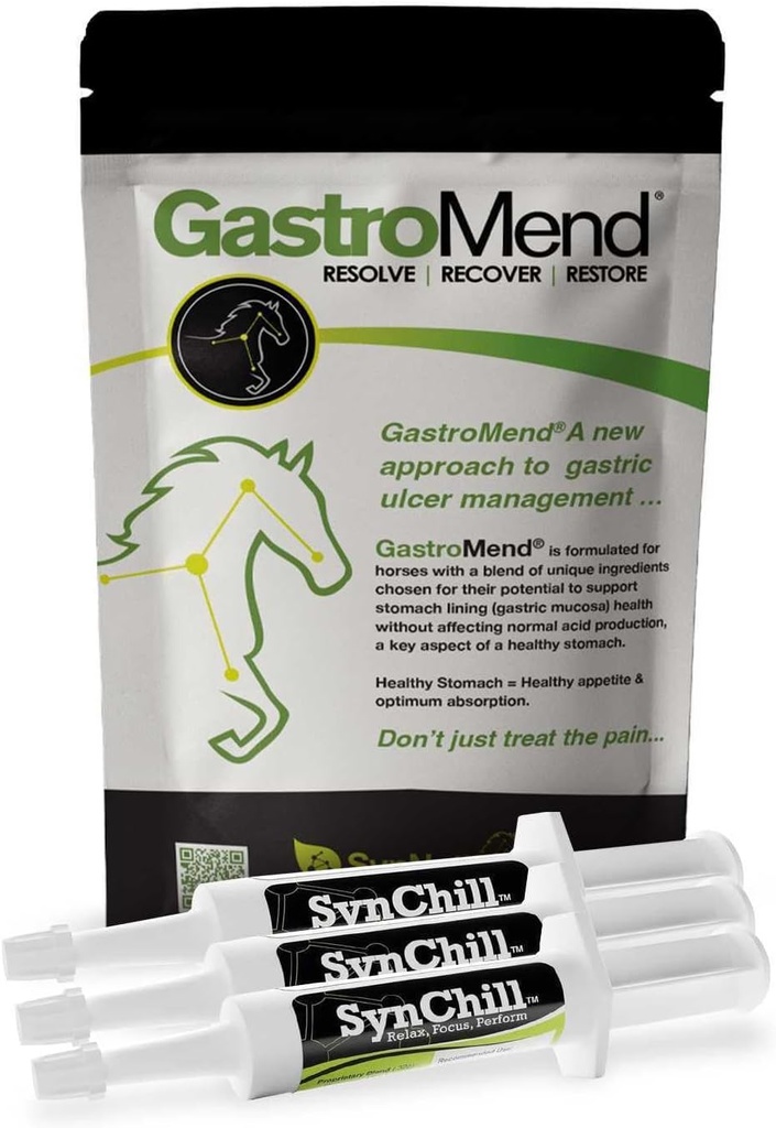 SynChill 3 Pack + GastroMend Bundle עבור סוסים - תמיכה מקיפה של Stomach בריאות והתנהגותיות, איידס ב- Gastric Ulcer הקלה, מקדם Calmness & Focus, All Natural, Cost ביעילות יעילה