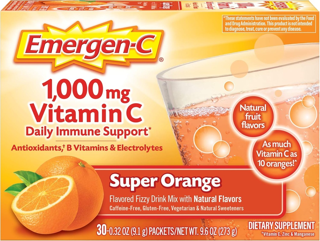 אקסן-C 1000 מ"ג ויטמין C אבקה עבור כל העת Immune תומך Caffeine ויטמין C תוספי מזון חינם עם Zinc ו Manganese, B ויטמינים ואלקטרוליטים, Super Orange Flavor - 30 Count Count Count Count Count