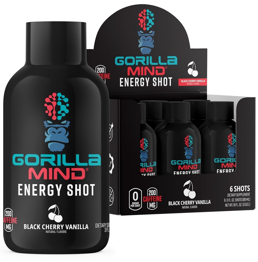 גורילה Mind Energy Shots (Pack of 6) - Enhanced Focus & Energy, Sugar-Free, Fast-Acting, Fast-Acting Formula with Vietnams & Natural Extracts (Black Cherry Vanilla)