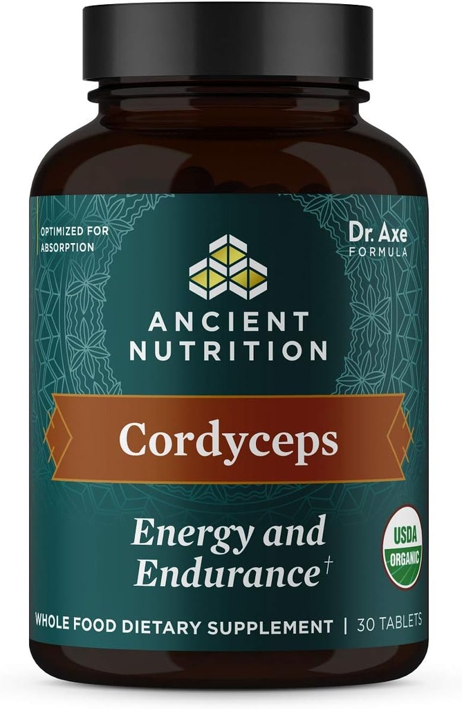 Ancient Nutrition Organic Cordyceps Tablets, Made with Ashwagandha, Supports Energy and Endurance, Gluten Free, Vegan, Paleo and Keto Friendly, 30 Count