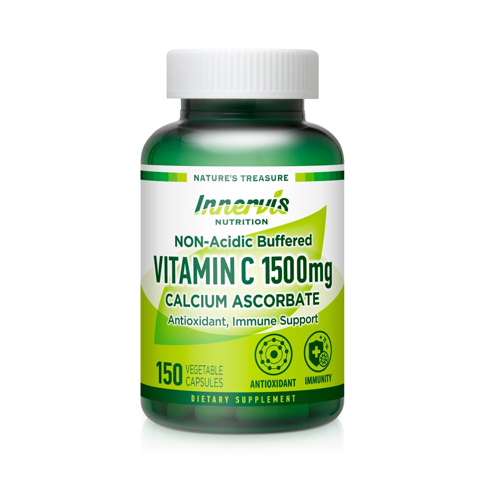 Buffered Vitamin C 1500mg, Non-Acidic Stomach Friendly Calcium Ascorbate Capsules for Immune Support, Gentle on Digestive System - 150 Veggie Caps by Innervis Nutrition