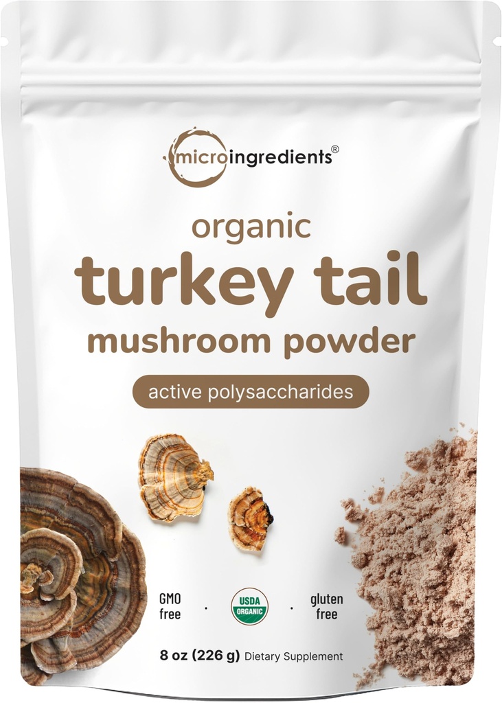 Micro Ingredients אורגני טורקיה Tail Mushroom אבקה (50:1), 8 Ounce | Freeze Dried עם Active Polysaccharides, תומך תגובה חיסונית ורמה סלולרית, Pet Friendly