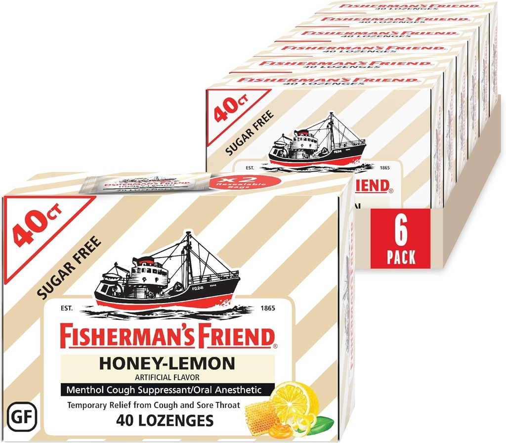 חברו של הדייג Cough Drops, Cough Suppressant and Soreגרון Lozenges, Sugar Free Honey-Lemon, 5.52mg Menthol, 240 טיפות (6 Packs of 40)